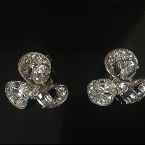 Vintage Rhinestone Clip on Earrings, Signed Bogoff, Glam - Picture 5 of 8
